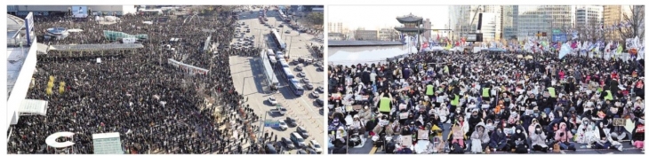 보수 성향 기독교 단체 세이브코리아가 지난 8일 오후 대구 동구 동대구역광장에서 주최한 국가비상기도회에 윤석열 대통령 탄핵을 반대하는 많은 인파가 몰렸다(왼쪽 사진). 오른쪽 사진은 윤석열 즉각 퇴진·사회대개혁 비상행동이 같은 날 오후 서울 종로구 경복궁역 일대에서 주최한 집회에서 시민들이 윤 대통령의 파면을 촉구하는 구호를 외치고 있는 모습. 대구·서울 뉴스1