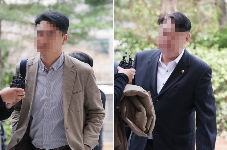 전자칠판 납품 사업과 관련해 업체 관계자들로부터 금품을 받은 혐의를 받는 현직 인천시의원 2명이 지난 27일 오후 구속 전 피의자 심문(영장실질심사)을 받기 위해 인천지법으로 들어서고 있다. 연합뉴스