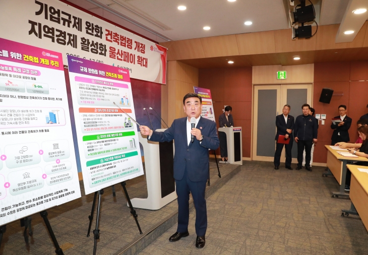 김두겸 울산시장이 17일 시청 프레스센터에서 기업규제 완화를 위한 건축법령 개정에 대해 설명하고 있다. 울산시 제공