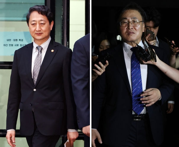 안덕근 산업통상자원부 장관이 2일 내란 특검 조사를 마친 후 서울 서초구 서울고검을 나서고 있다(왼쪽 사진). 12·3 비상계엄 선포 전후 국무회의 의결 과정을 수사 중인 내란 특검팀은 국무위원들에 대한 연이은 조사에 나섰다. 오른쪽 사진은 이날 유상임 과학기술정보통신부 장관이 특검 조사를 받은 후 나오는 모습. 연합뉴스