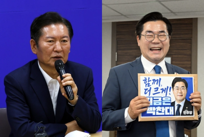 더불어민주당 당대표 선거에 출마한 정청래 의원이 10일 충북 청주의 충북도당 대회의실에서 지역 당원 간담회를 하고 있다(왼쪽 사진). 오른쪽 사진은 박찬대 의원이 같은 날 서울 여의도 민주당 중앙당사에서 후보 등록을 하면서 활짝 웃고 있는 모습. 청주 연합뉴스·서울 홍윤기 기자 더불어민주당 당대표 선거에 출마한 정청래 의원이 10일 충북 청주의 충북도당 대회의실에서 지역 당원 간담회를 하고 있다(왼쪽 사진). 오른쪽 사진은 박찬대 의원이 같은 날 서울 여의도 민주당 중앙당사에서 후보 등록을 하면서 활짝 웃고 있는 모습. 청주 연합뉴스·서울 홍윤기 기자