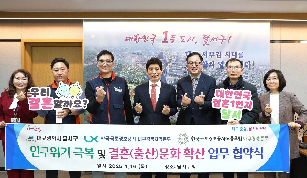 인구 위기 극복을 위해 2016년 결혼장려팀을 신설한 달서구와 한국국토정보공사가 지난 1월 16일 구청에서 결혼 문화 확산을 위한 업무협약을 맺은 뒤 기념촬영을 하고 있다. 대구 달서구 제공 인구 위기 극복을 위해 2016년 결혼장려팀을 신설한 달서구와 한국국토정보공사가 지난 1월 16일 구청에서 결혼 문화 확산을 위한 업무협약을 맺은 뒤 기념촬영을 하고 있다. 대구 달서구 제공